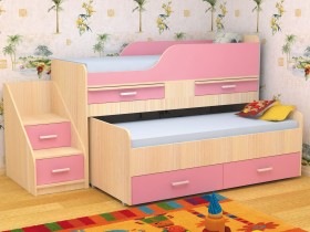 Кровать детская Лесики двухместная 1.8  Дуб молочный/Розовый в Видном - vidnoe.katalogmebeli.com | фото 1