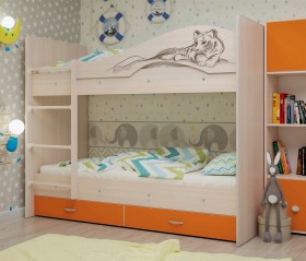 Кровать Мая-Сафари двухъярусная с ящикамиМлечный дуб/Оранжевый в Видном - vidnoe.katalogmebeli.com | фото
